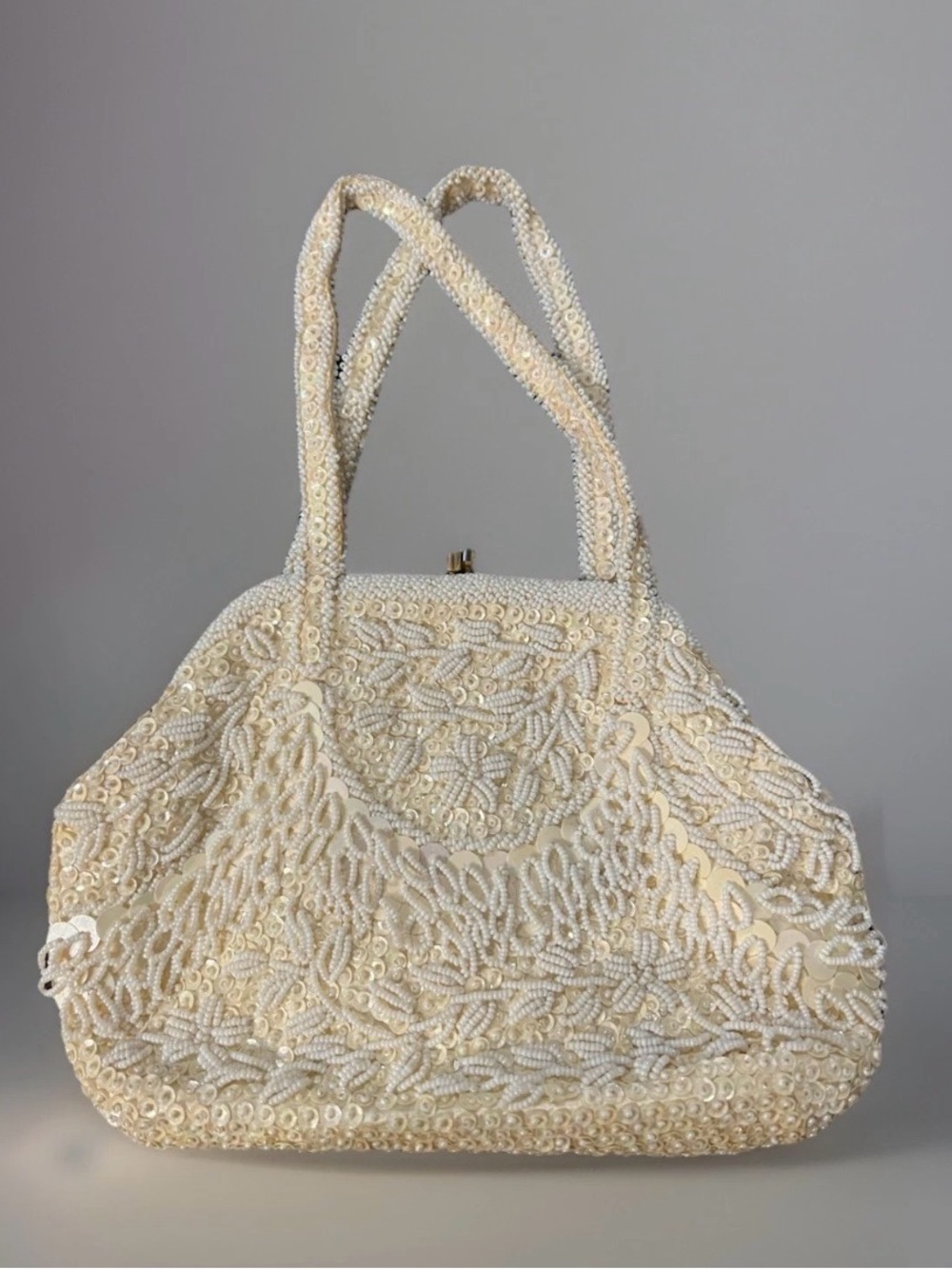 Vintage 1950s Beaded Ivory Sequin Evening Handbag Clutch handmade in hongkong
